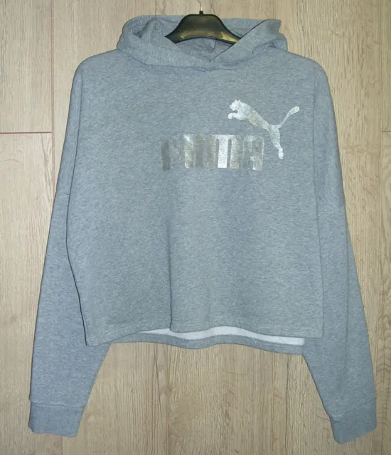 PUMA Girls Grey Hooded Jersey Sweater Crop Top Jumper Hoodie Age 9-10 140cm