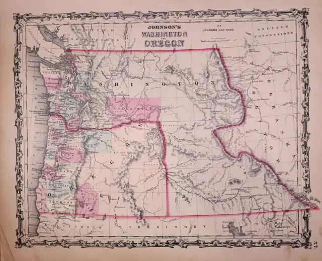1863 Map ~ OREGON & The TERRITORY of WASHINGTON from Johnsons Atlas (14x18)-#024