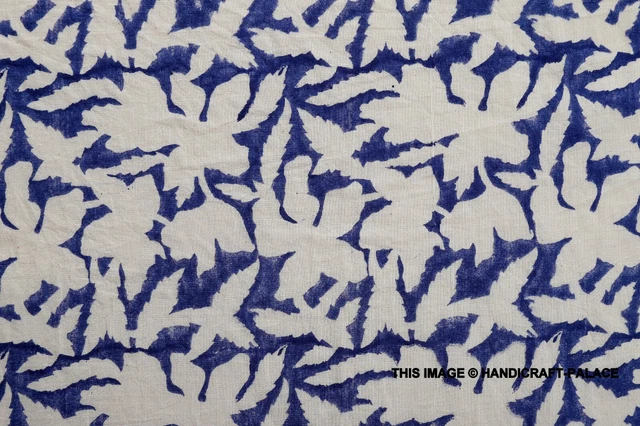 Tissu Coton Indien Bleu Floral Fait Main, 4.6 Mètres, Pour Couture Robe