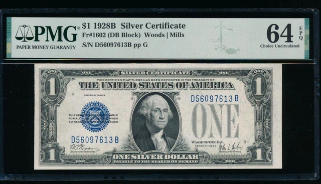 AC 1928B $1 Silver Certificate PMG 64 EPQ D-B block UNC  Fr 1602!!!