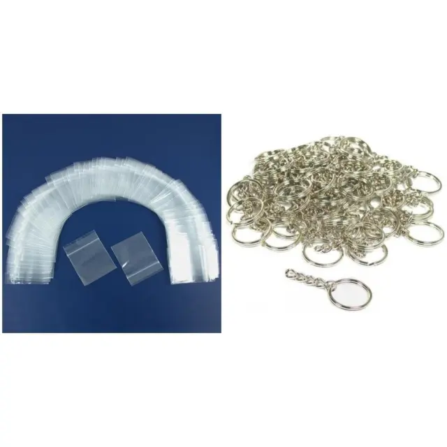 Resealable Clear Plastic Bags 2" x 2" & Nickel Plated Key Chain Ring Kit 150 Pcs