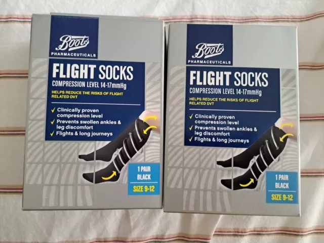 2x Boots Travel & Flight Socks Black 1 Pair Size 9-12 14-17mmHg