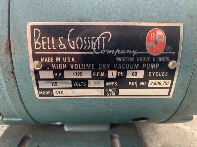 Bell & Gossett 1/12 HP 1725 Rpm P/N 2,806,751 High Volume Dry Vacuum Pump