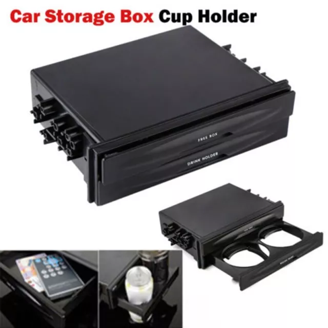 Car Storage Box with Drink Holder for Double Din Radio and Universal Fit