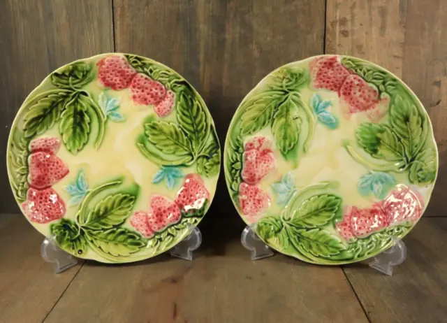 Antique French Majolica Plate PAIR Strawberries ONNAING Art Nouveau Victorian