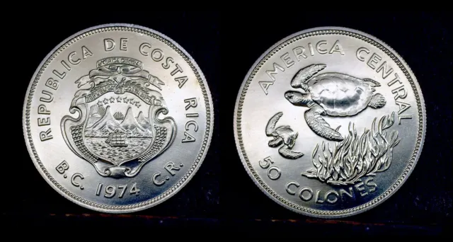 Costa Rica 50 colones 1974, Wildlife Conservation, Sea Turtle, silver coin