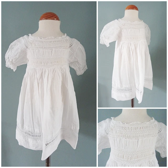 Abito Antico Bambino Valenciennes Inserti in Pizzo Pieghe Cotone Bianco c1890