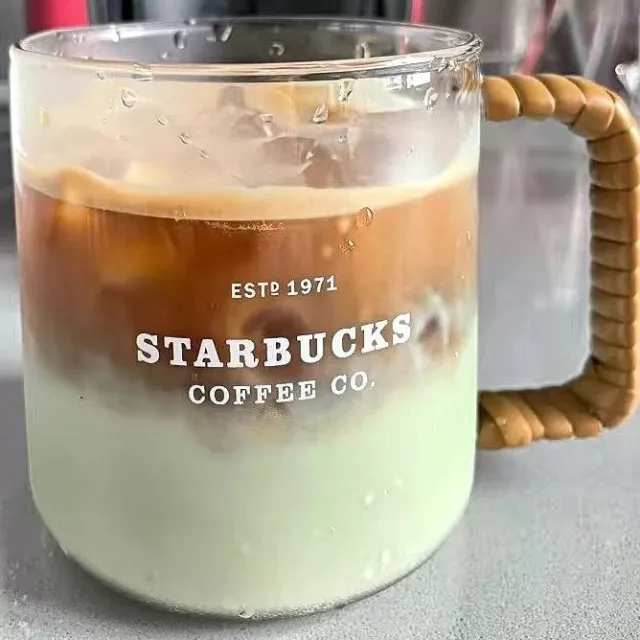 Starbucks Woven Rattan Wood Glass Coffee Mug Cup Hot & Cold W/ S tick & Coaster
