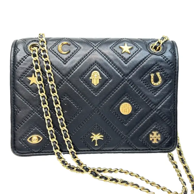 TORY BURCH Black Quilted Leather Farida Fleming Charm Sm Crossbody Shoulder Bag