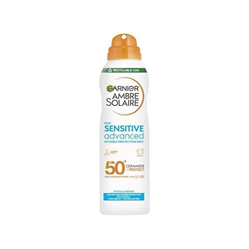 Crema solar Garnier Ambre Solaire FPS 50+ Sensible Avanzado Niebla Seca en aerosol, agua