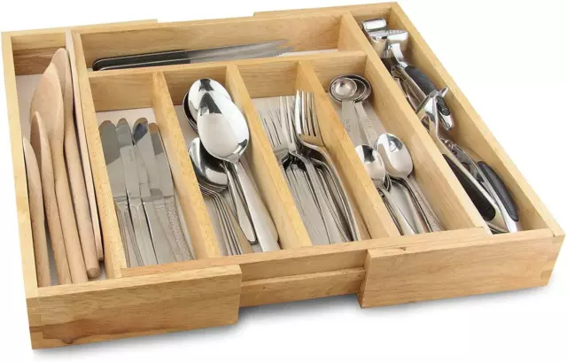 Expandable Wooden Cutlery Holder Tray Kitchen Utensil Organizer Expands 32-58 cm