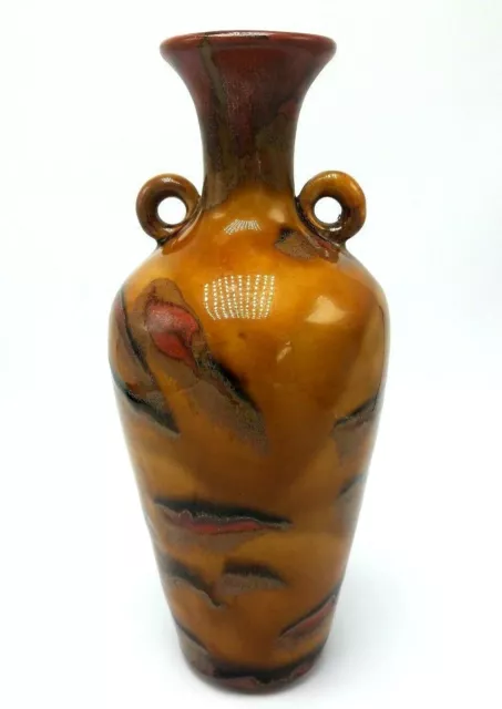Vintage Iridescent Glazed Vase Art Pottery Signed Orange Red Gold China Japan