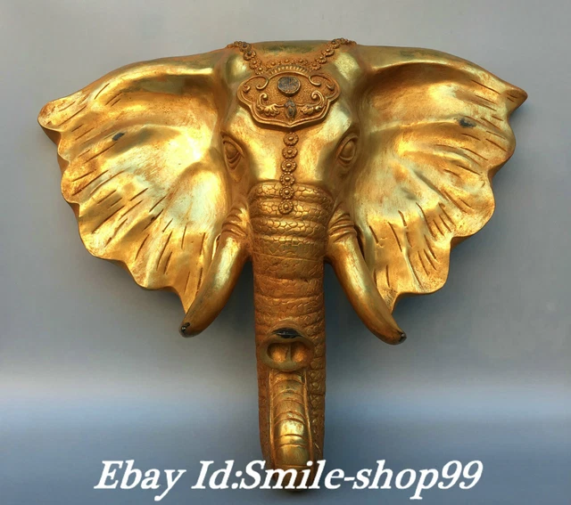 17" Old China Bronze Gild Fengshui Elephant Animal Face Mask Wall Handing Statue