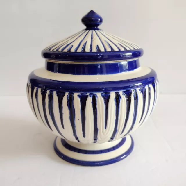 Vtg Ucagco Ceramics Japan Blue White Stripe Lidded Canister Bowl Dish Urn Vase