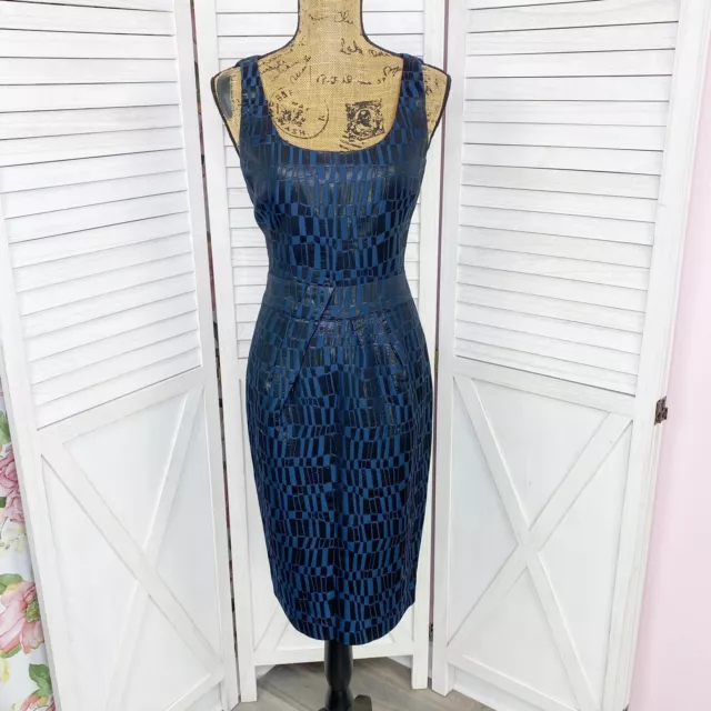 Michael Kors Collection Mosaic Sheath Dress Womens 8 Blue Black Metallic