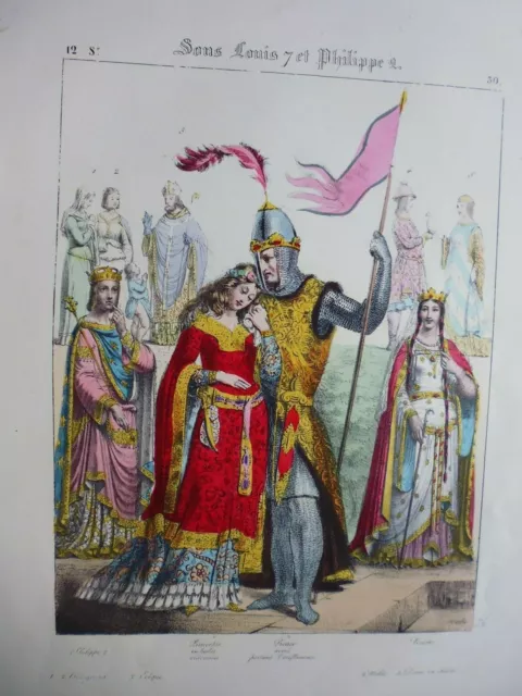 Gravure 19° histoire Mode:costumes sous Louis VII et Philippe II:reine,Prince
