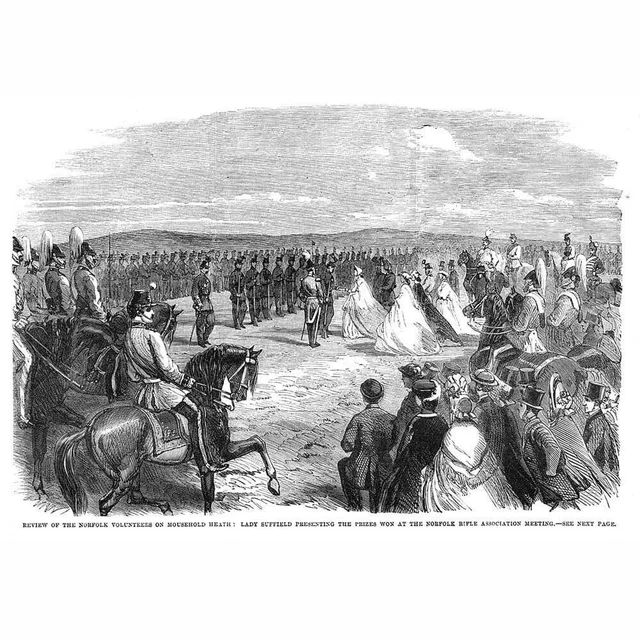 NORWICH Review of Norfolk Volunteers on Mousehold Heath - Antique Print 1863