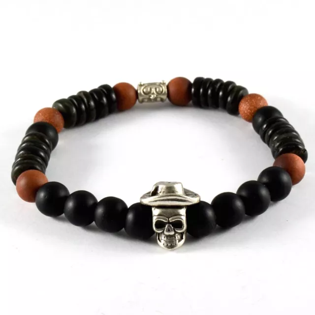 Men's Matte Onyx & Goldstone & Coco Wood Beaded Gemstone Hat Skull Bracelet