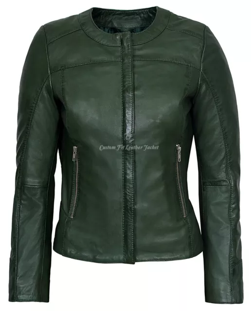 Ladies Real Leather Jacket Green 100% Lambskin Classic Fashion Designer 5328