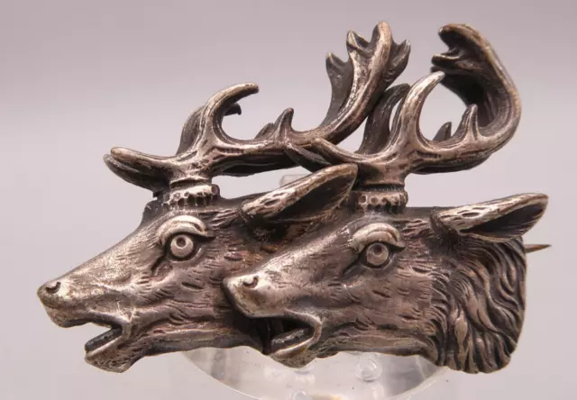 Brosche Spange Silber 835 antike figürliche Darstellung Tracht Tierköpfe Hirsche