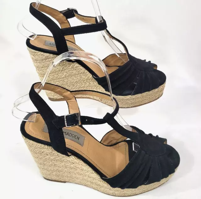 Steve Madden Mammbow Black Suede Wedge Heel T Strap Sandals Size 8M