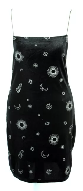 Black Velour Glitter Moons Stars Astrology Witch Goth Party Short Mini Dress M