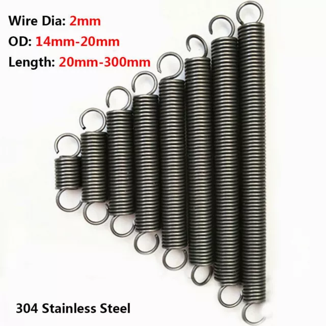Wire Dia 2mm O.D 14mm-20mm Expansion Tension Extension Springs Hook End 20-300mm