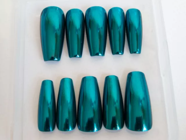 Teal Chrome Metallic Mirror Press On Glue On Gel False Nails with Glue and Tabs