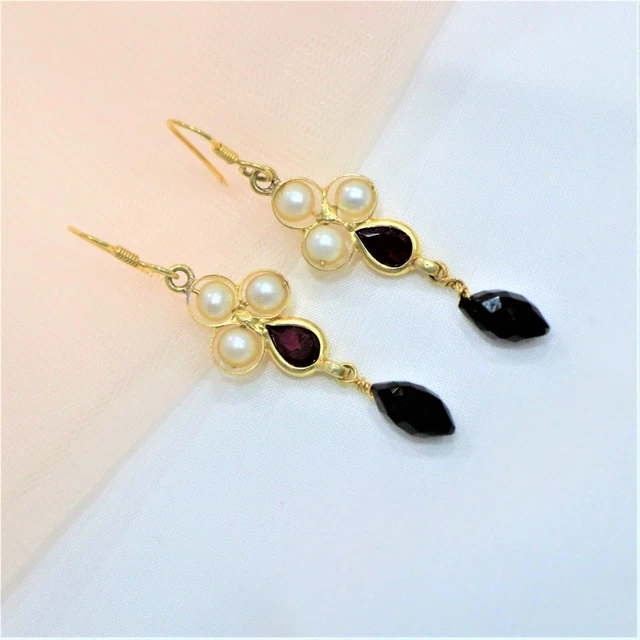 Black Onyx Pearl Drop/ Dangle 925 Sterling Silver Gold Plated Earrings