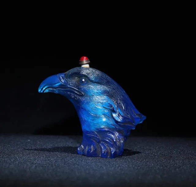 Exquisite art blue Coloured glaze handwork carved eagle head statue snuff bottle