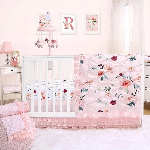The Peanut Shell Rose 5-Pc Crib Bedding Set Include Mobile/Extra Crib Sheet *New