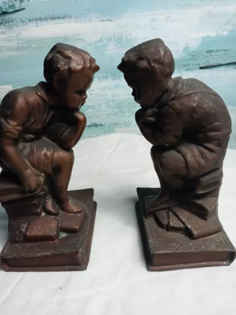Vintage Thinking Boy Bookends Bronze Patina
