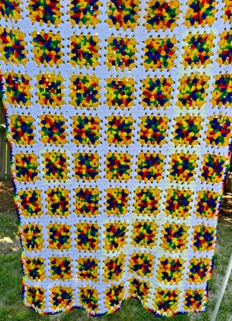 Vintage Handmade Crochet Granny Square Rainbow Colored Afghan Blanket 55 x 44