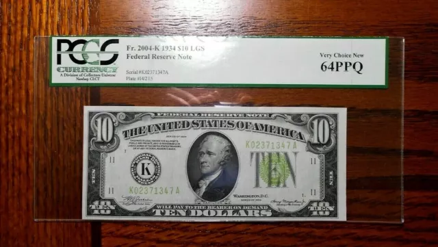 1934 $10 Federal Reserve Note 💲 Light Green PCGS 64 PPQ