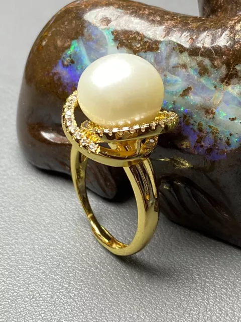 14mm Huge Edison White Freshwater Cultured Pearl 18k Gold Vermeil Ring