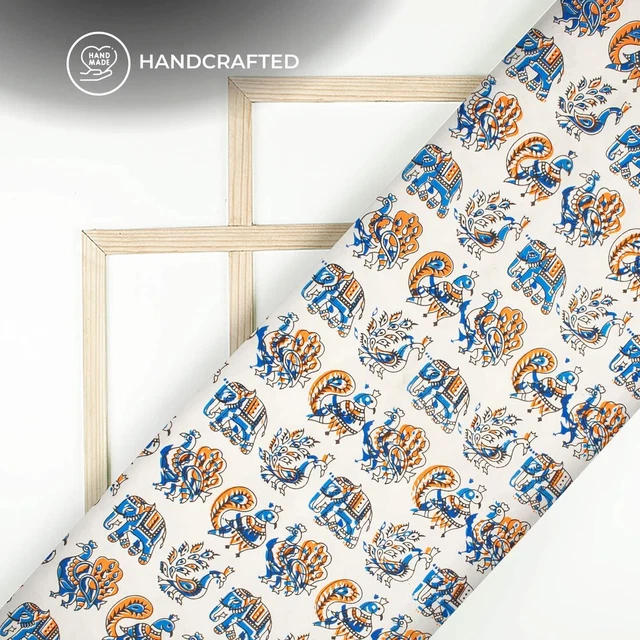 Animal Kalamkari Pattern Digital Printed Cotton Fabric White Color Cut By Yard