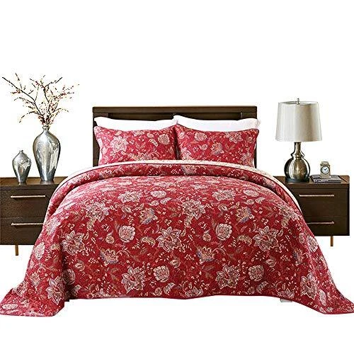 3 Pieces Quilt Comforter Sets Queen Size 3 PCS, Red Flower Patchwork Cotton