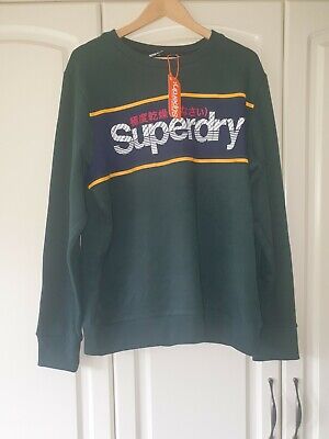 Superdry Mens Core Logo Stripe Sweatshirt Pullover Jumper Academy Green Size XL