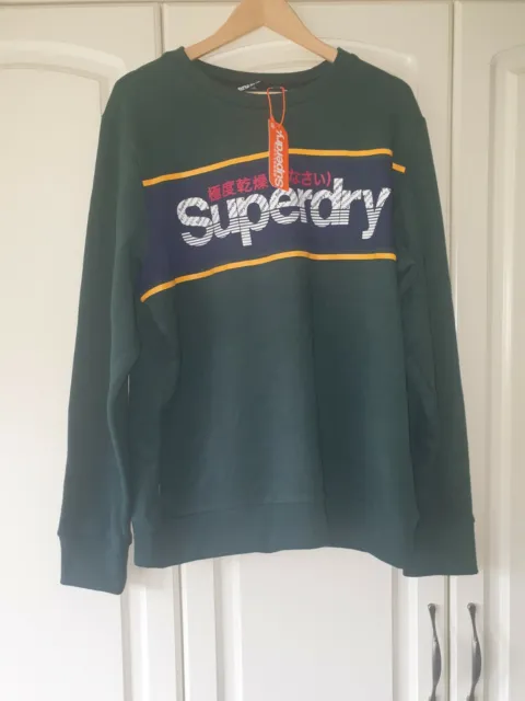 Superdry Mens Core Logo Stripe Sweatshirt Pullover Jumper Academy Green Size 3XL