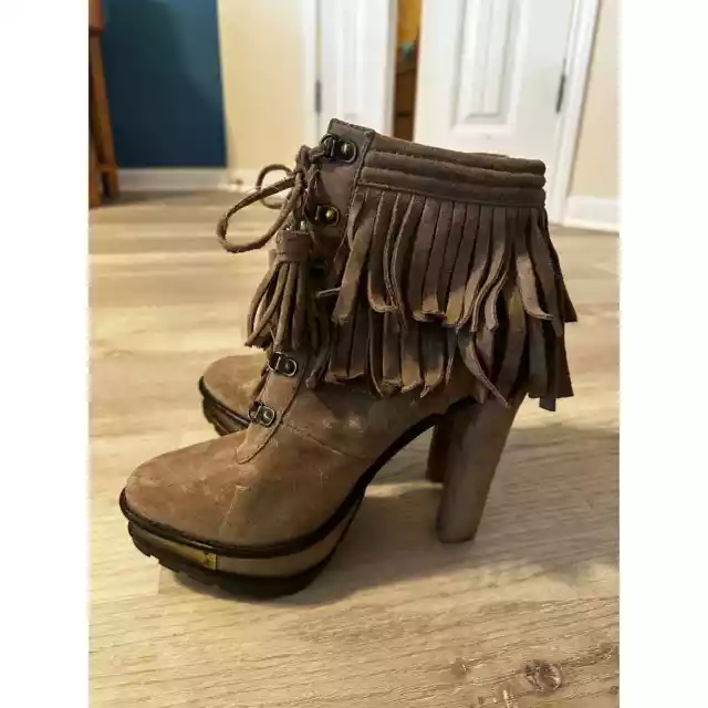 B Brian Atwood Womens Lace Up Platform Fringe Booties Brown Suede Size 9 3