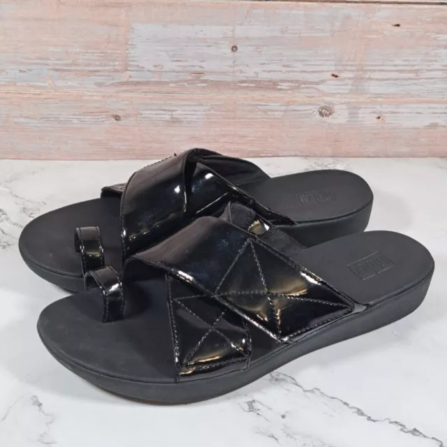 Fitflop Slipon Patent Leather Black Wedge Slides w/Toe Loop Women's Sz 5 Sandals