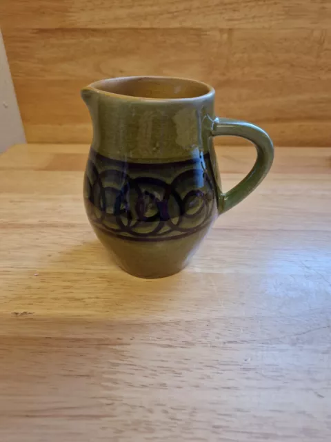 Vintage Brixham Devon Pottery Green Vase With Cirle Design In Brown And Black.