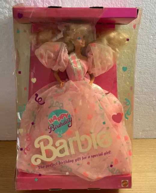 1990 Happy Birthday Barbie Doll Pink Dress Sash Vintage Mattel #7913 Damaged Box