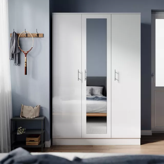 High Gloss 3 Door Triple White Mirrored Wardrobe with Hanging Rail & Shelves