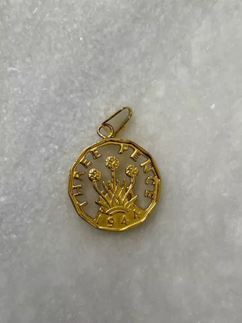 Open Cut Coin Pendant 1944 Three Pence Gold Charm Birthday 80th Theupney Bit