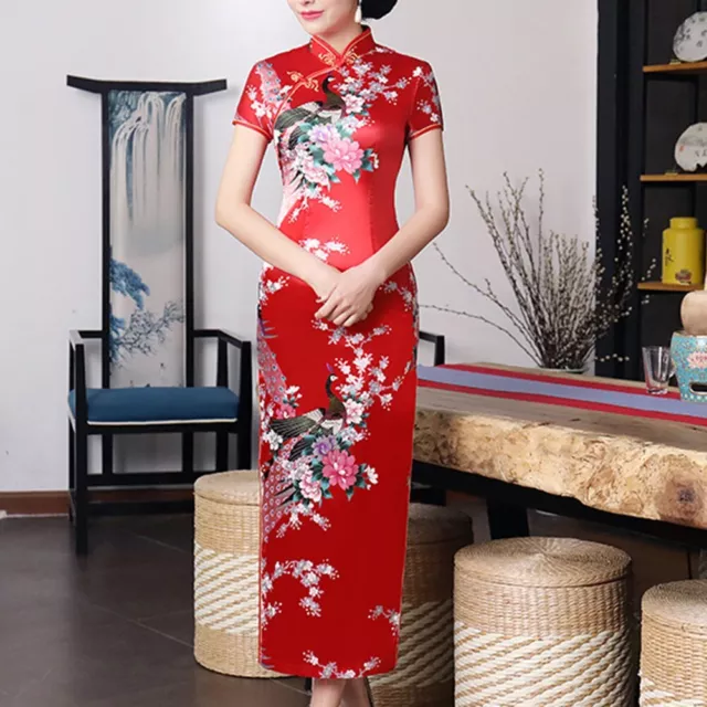 Female Women Satin Dress Chinese Cheongsam Spring Summer S-3XL Solid Color
