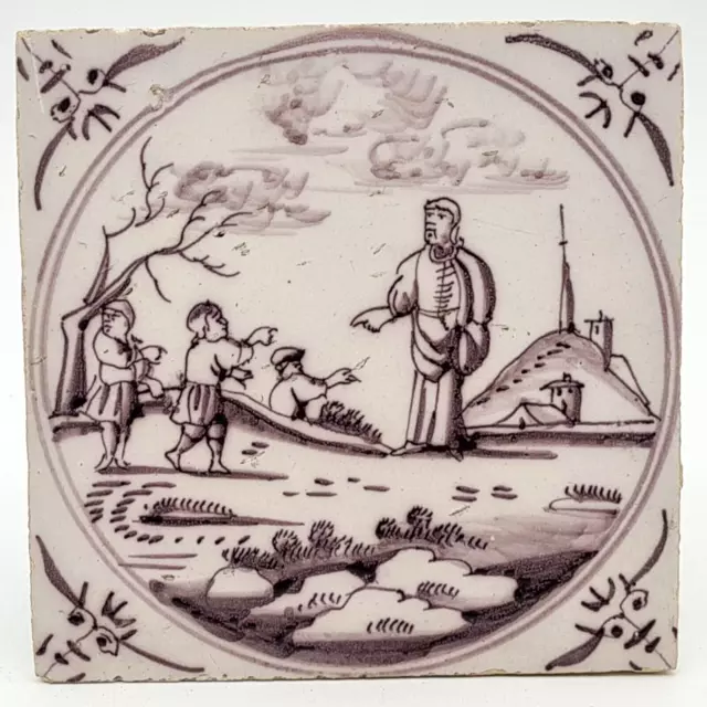 Antique 18th Century Dutch Delft Manganese Tile Biblical Scene AE1