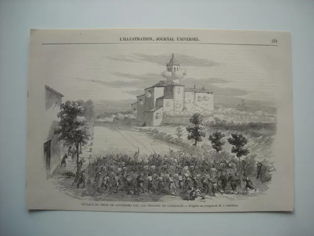 GRAVURE 1859. GUERRE D'italie. ATTAQUE ET PRISE DE SAN-FERMO, TROUPES GARIBALDI.