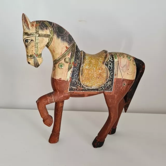 Vintage Hand Painted Wooden Wedding Horse Figure GHODI Indian 27cm Hand Carved