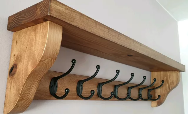 Coat Rack+Shelf Floating Rustic Handmade Wall Mounted 7 Black Double Hooks 2